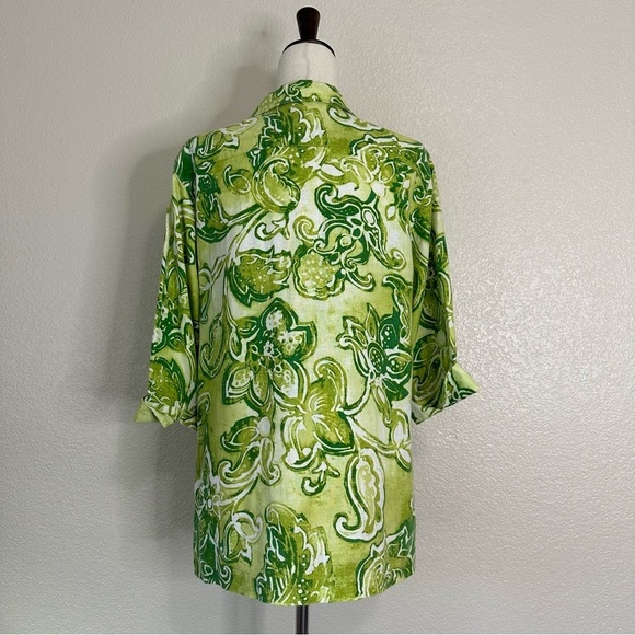 Chico’s 100% Linen Green Tropical Floral 3/4 Sleeves Button Down Shirt, Sz Large - Picture 7 of 13